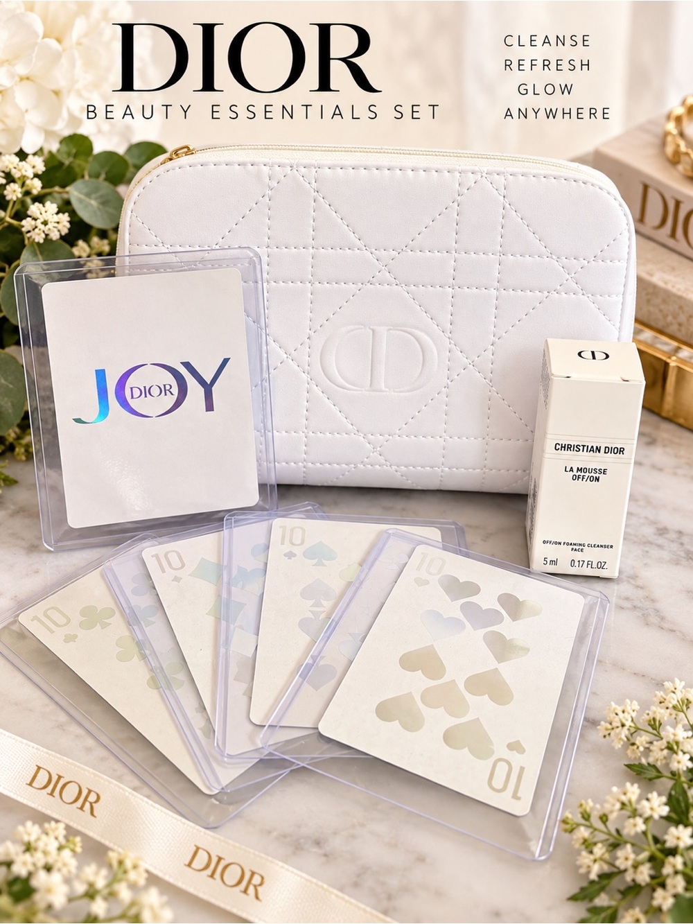 Dior White Quilted Cosmetic Pouch with La Mousse and 4x ❤️♠️♦️♣️ Dior Joy 10s